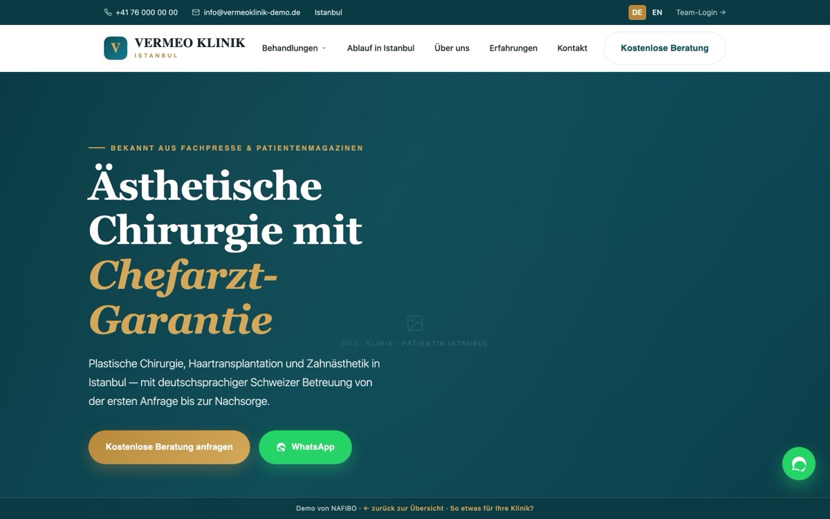 Vermeo Klinik — Hero-Sektion des mehrsprachigen Patienten-Auftritts